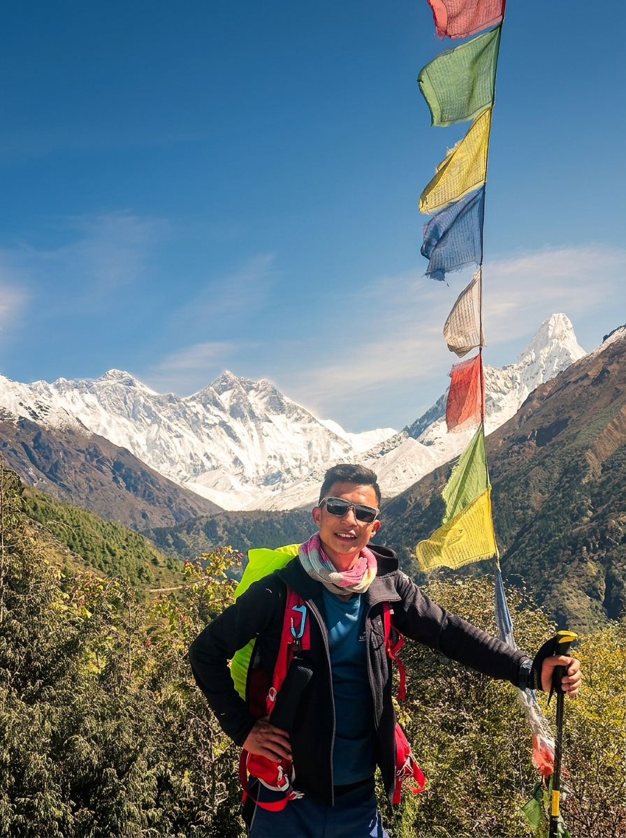 Bhupal Magar, founder of Kushav Trekking, on the trail to Everest with Lhotse and prayer flags behind him