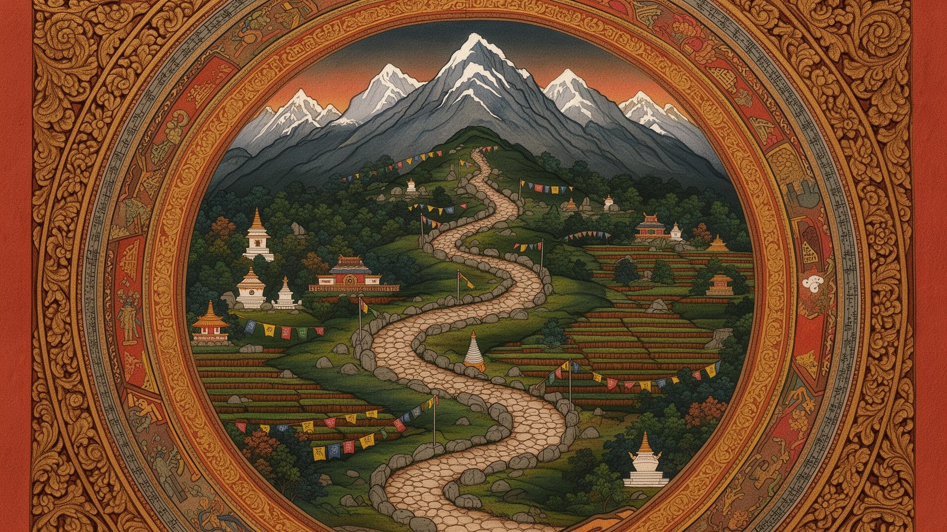Illustrated mandala map of a Nepali mountain trail