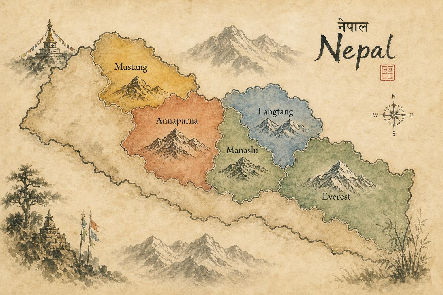 Hand-painted map of Nepal showing five trekking regions